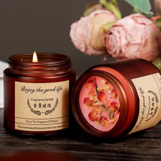 Luxury soy wax scented candle with dried flowers in glass jar