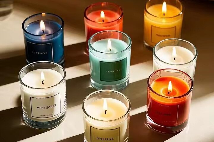 Custom private label colorful soy wax glass jar candle with vibrant design