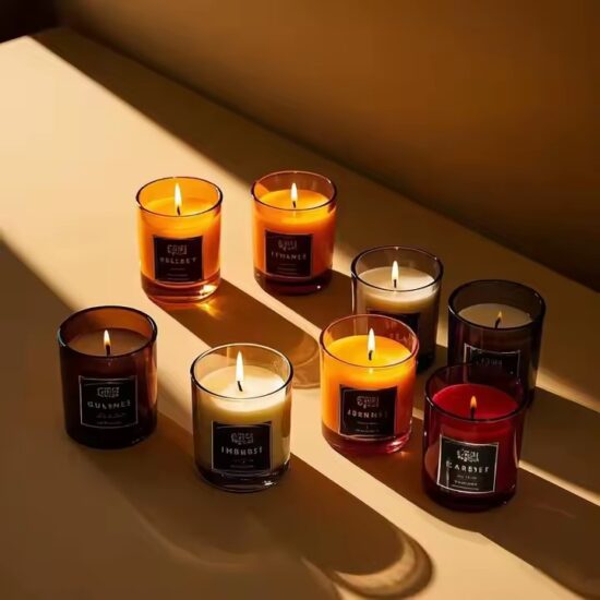 Custom private label colorful soy wax glass jar candle with vibrant design
