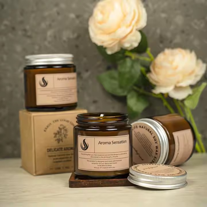 Amber glass jar scented candle for home use